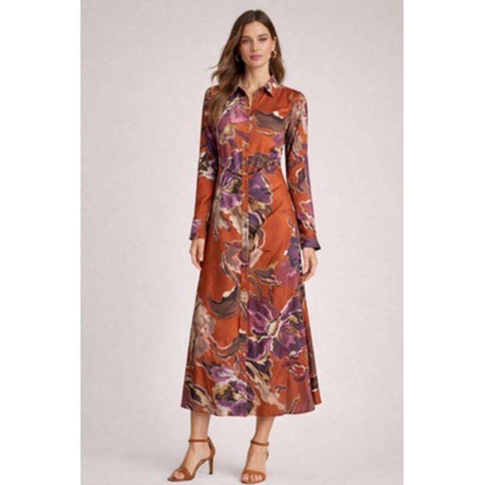 Donna Karan New York Shirt Dress Womens 2 Orange Floral Long Sleeve Ruched